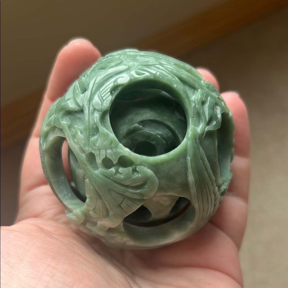 Intricately Carved Green Stone Puzzle Sphere